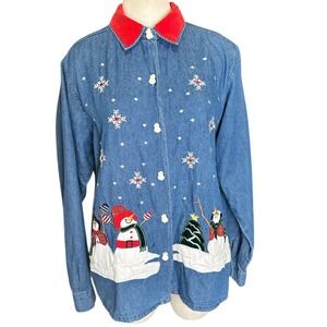 Tantrums Denim Christmas Shirt Embroidered Snowman Buttons Snowflakes L Vintage